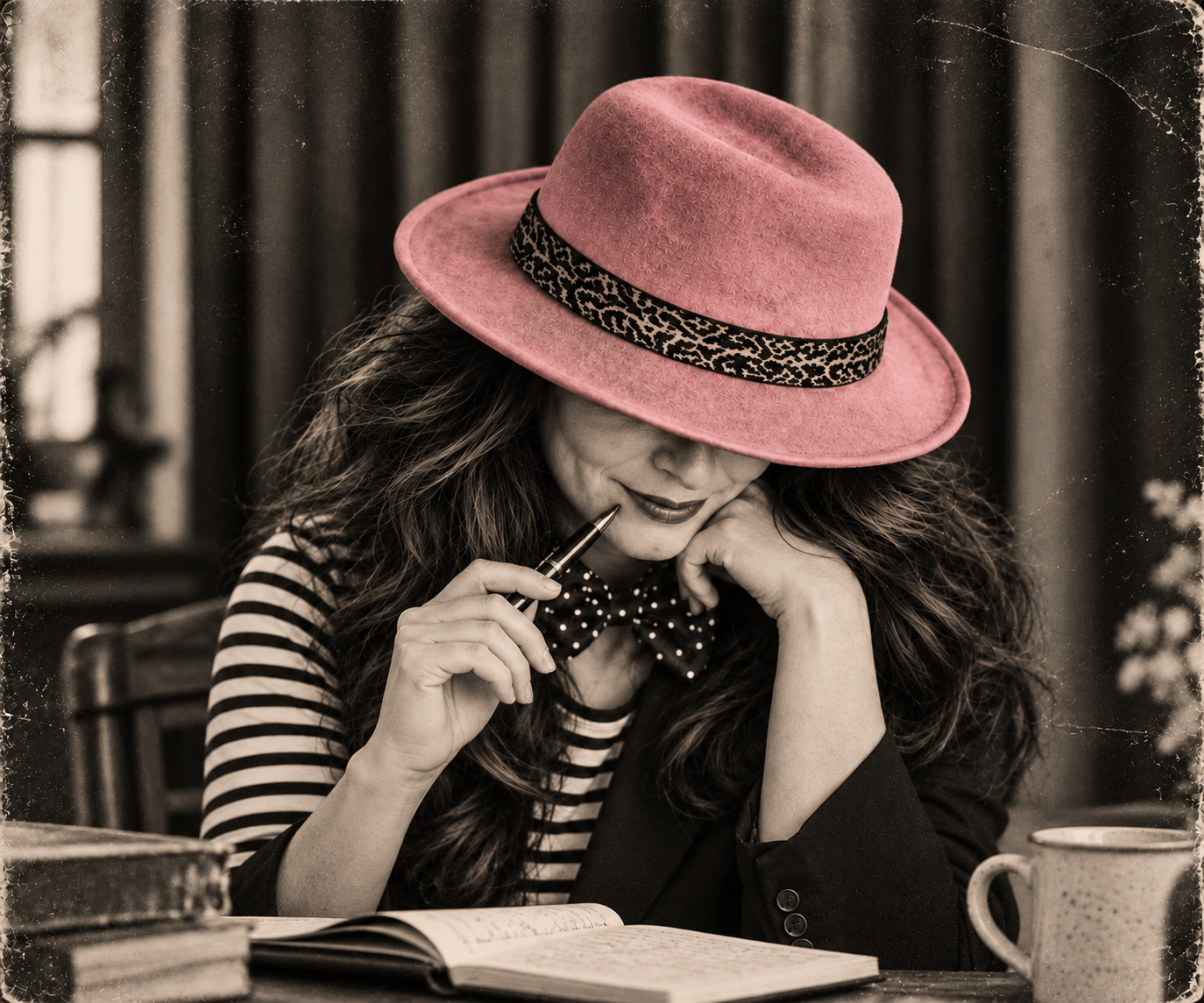 Original full-length vintage filmstrip portrait of a woman with long dark hair, wearing a dusty-pink hat